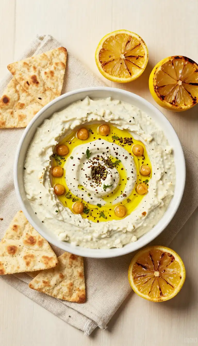 Tender Roasted Za'atar Chickpea Feta Dip with Charred Lemon