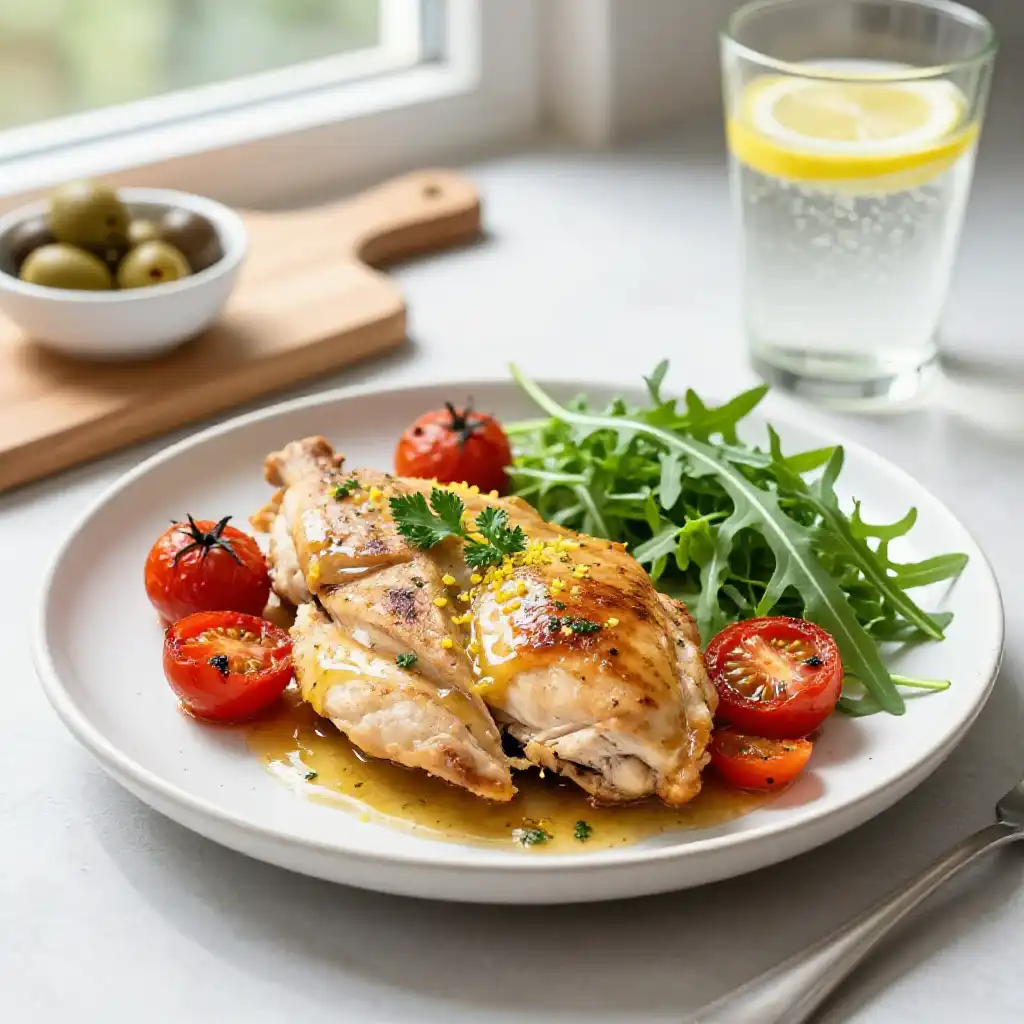 Tender Slow Cooker Greek Garlic Butter Chicken (20-Minute Low-Carb) plated dish