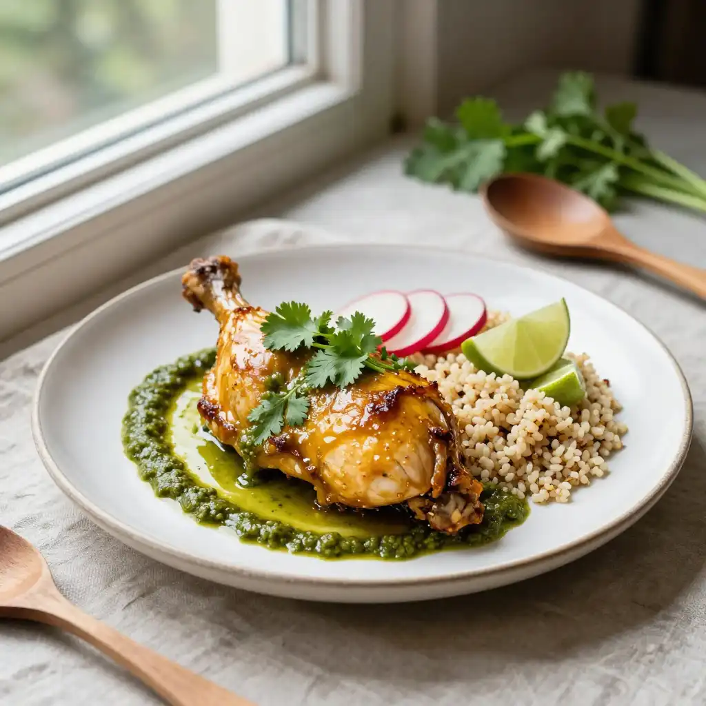 Tender Stovetop Peruvian Chicken with Zesty Aji Verde Sauce plated dish