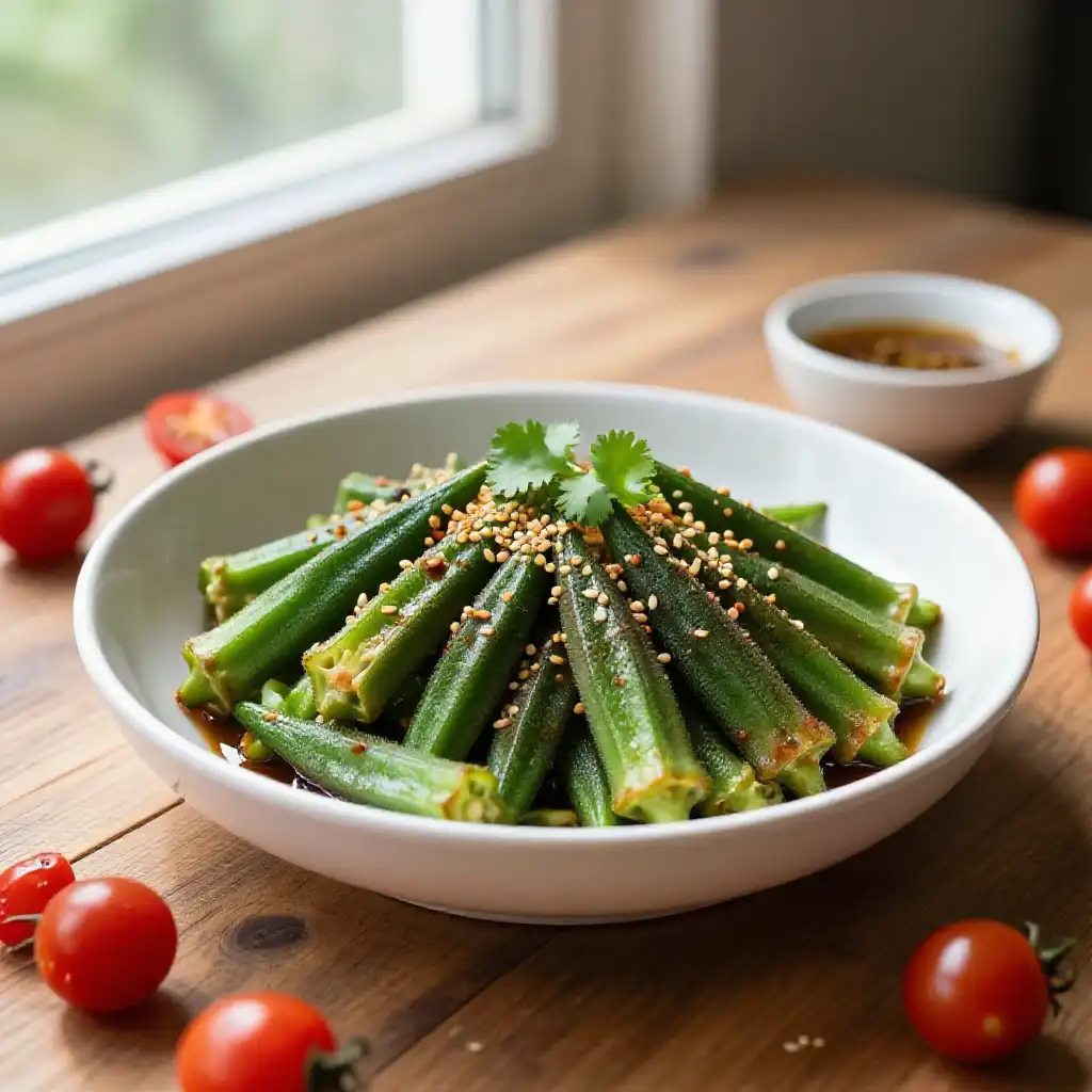 Weekend Braised Buttery Umami Spiced Okra Salad (Egg-Free) plated dish