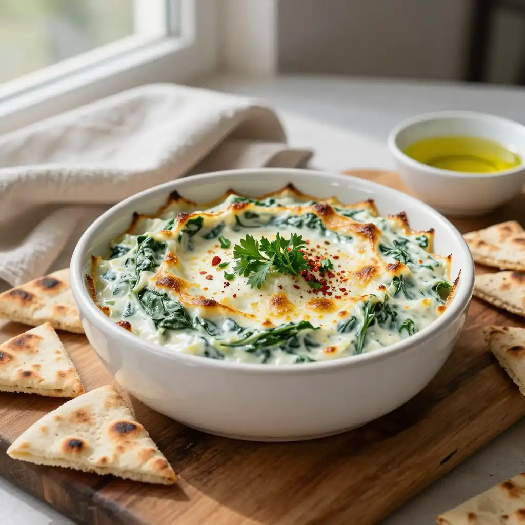 Creamy Baked Spinach Artichoke Dip with Warm Pita plated dish