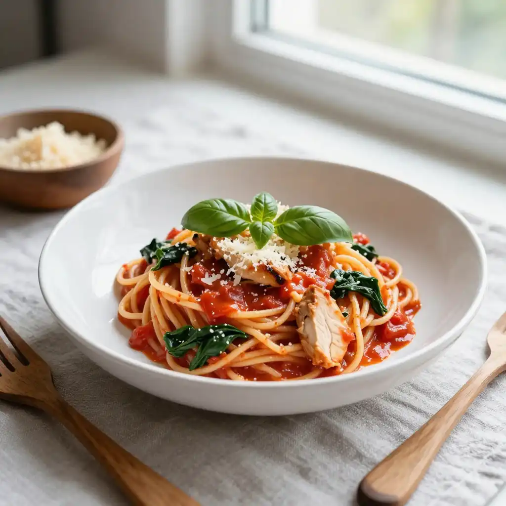 Creamy Tomato Basil Pasta with Chicken and Spinach plated dish