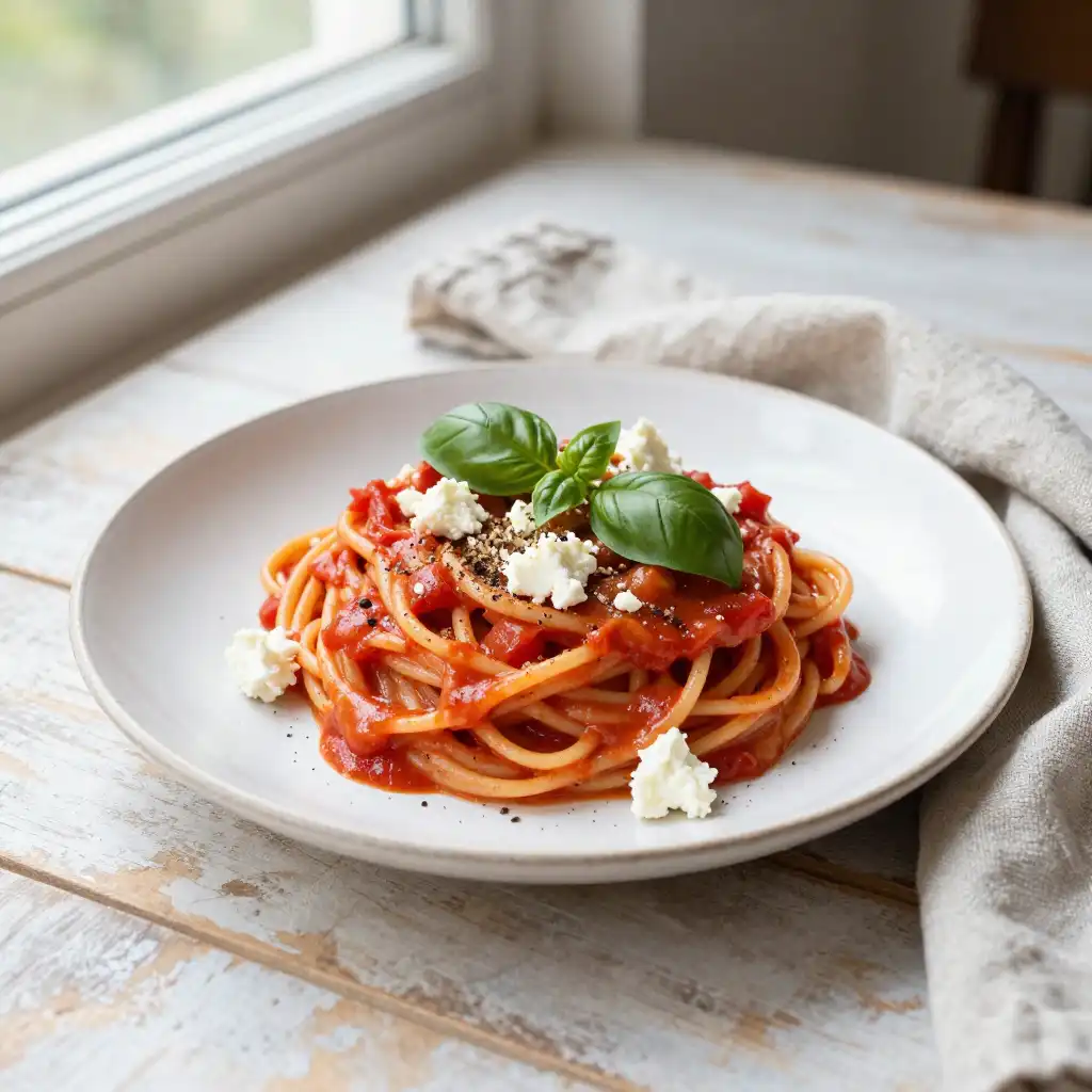 Creamy Tomato Basil Pasta with Feta Cheese plated dish