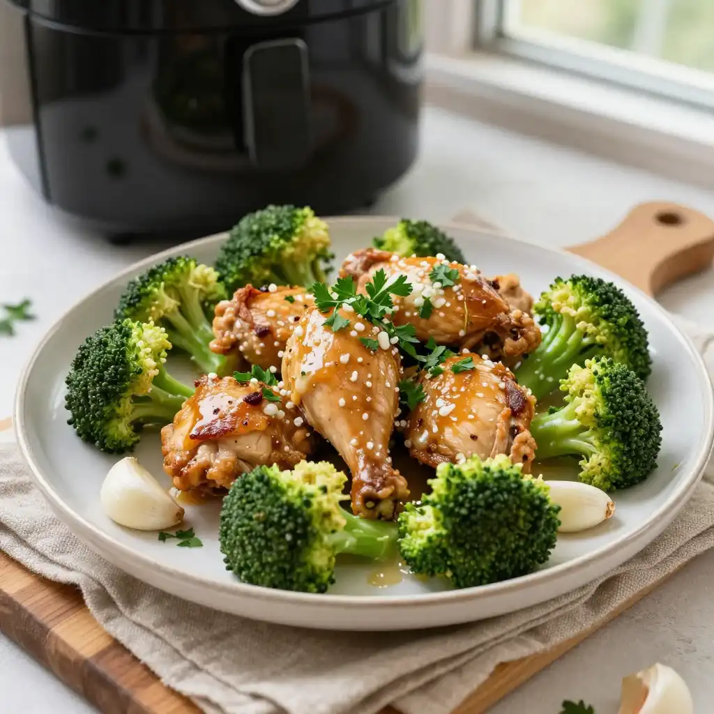Easy Air Fryer Chicken and Broccoli with Garlic Sauce plated dish
