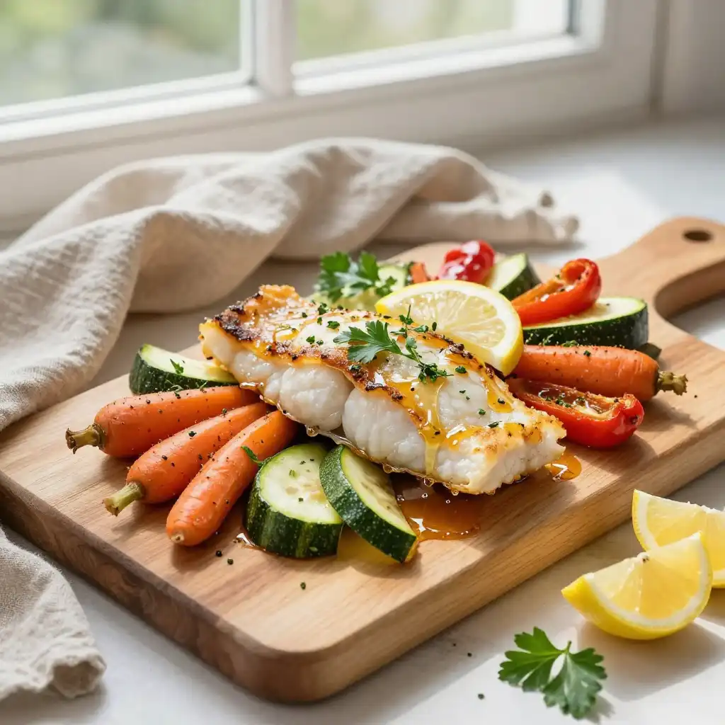 Easy Baked Cod with Lemon Herb and Roasted Vegetables plated dish