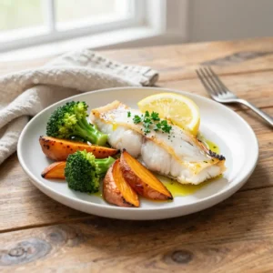 Step by step Easy Baked Cod with Roasted Sweet Potato and Broccoli