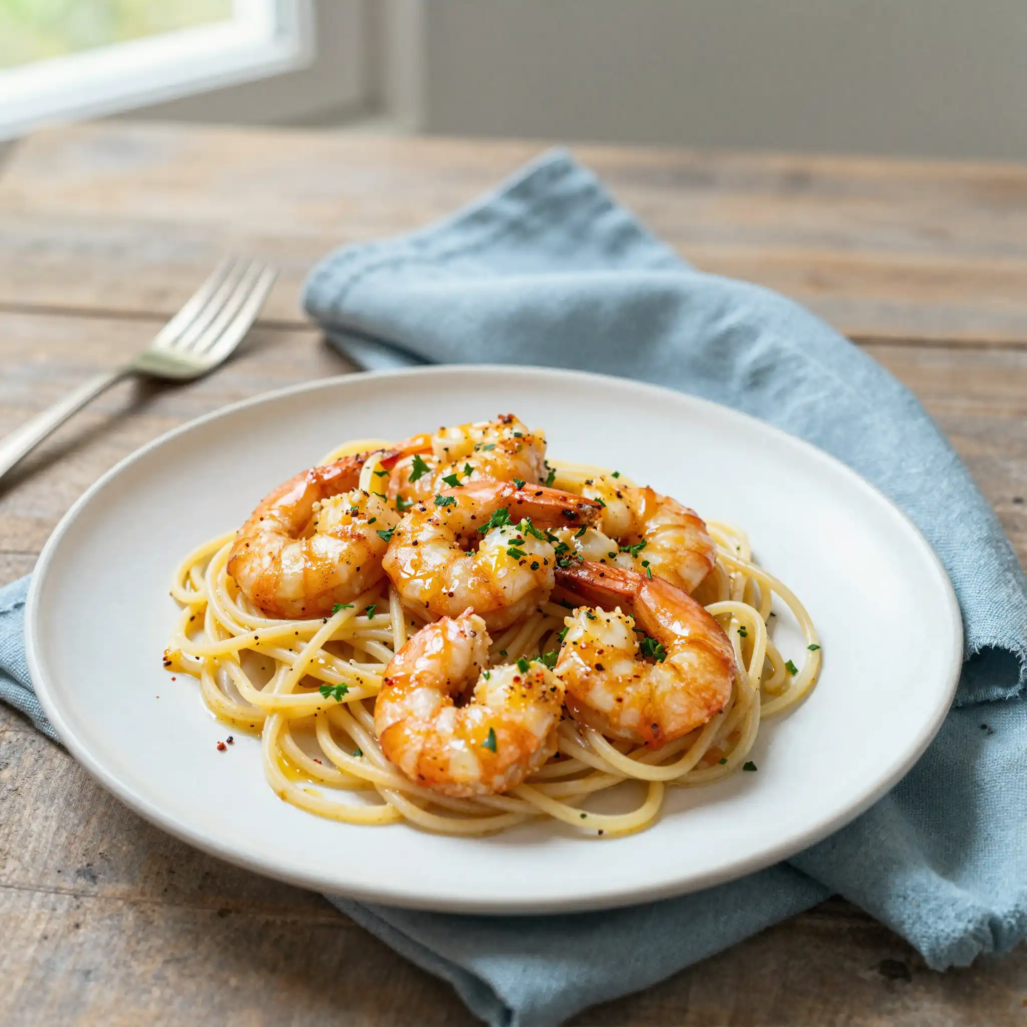 Easy Baked Garlic Butter Shrimp Scampi with Linguine plated dish