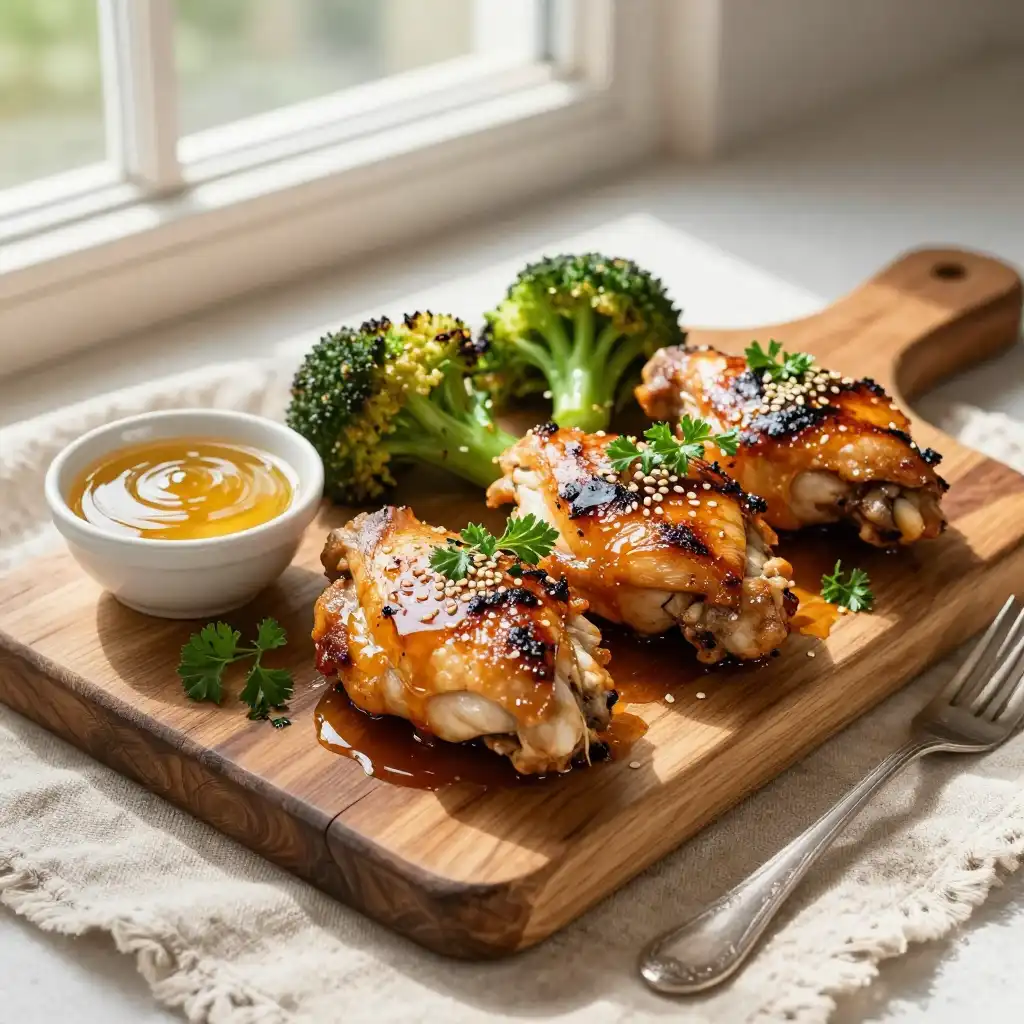 Easy Baked Honey Garlic Chicken Thighs with Roasted Broccoli plated dish