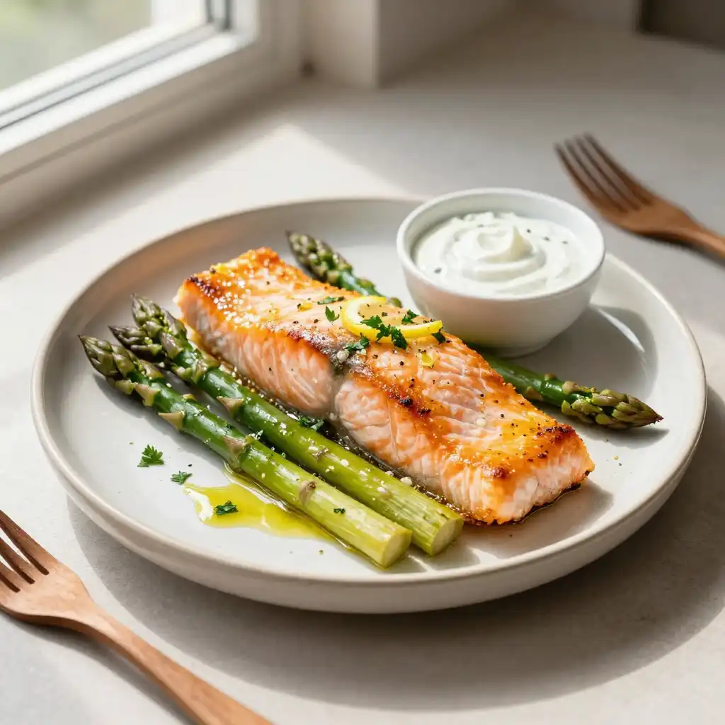 Easy Baked Lemon Garlic Salmon Fillet with Asparagus plated dish