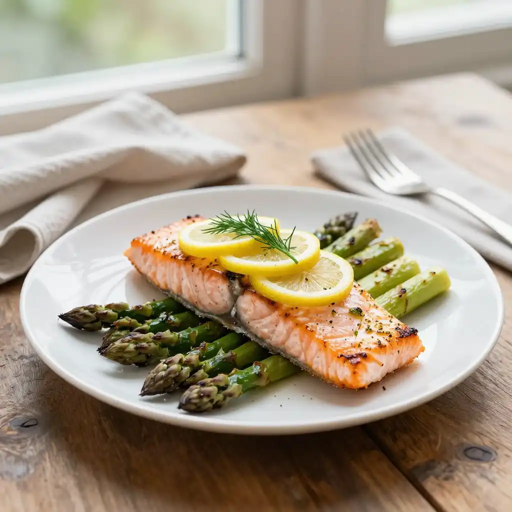 Easy Baked Lemon Garlic Salmon Fillet with Asparagus plated dish