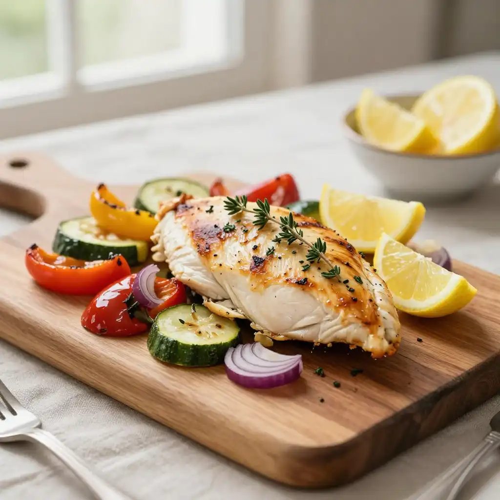 Easy Baked Lemon Herb Chicken Breast with Roasted Vegetables plated dish
