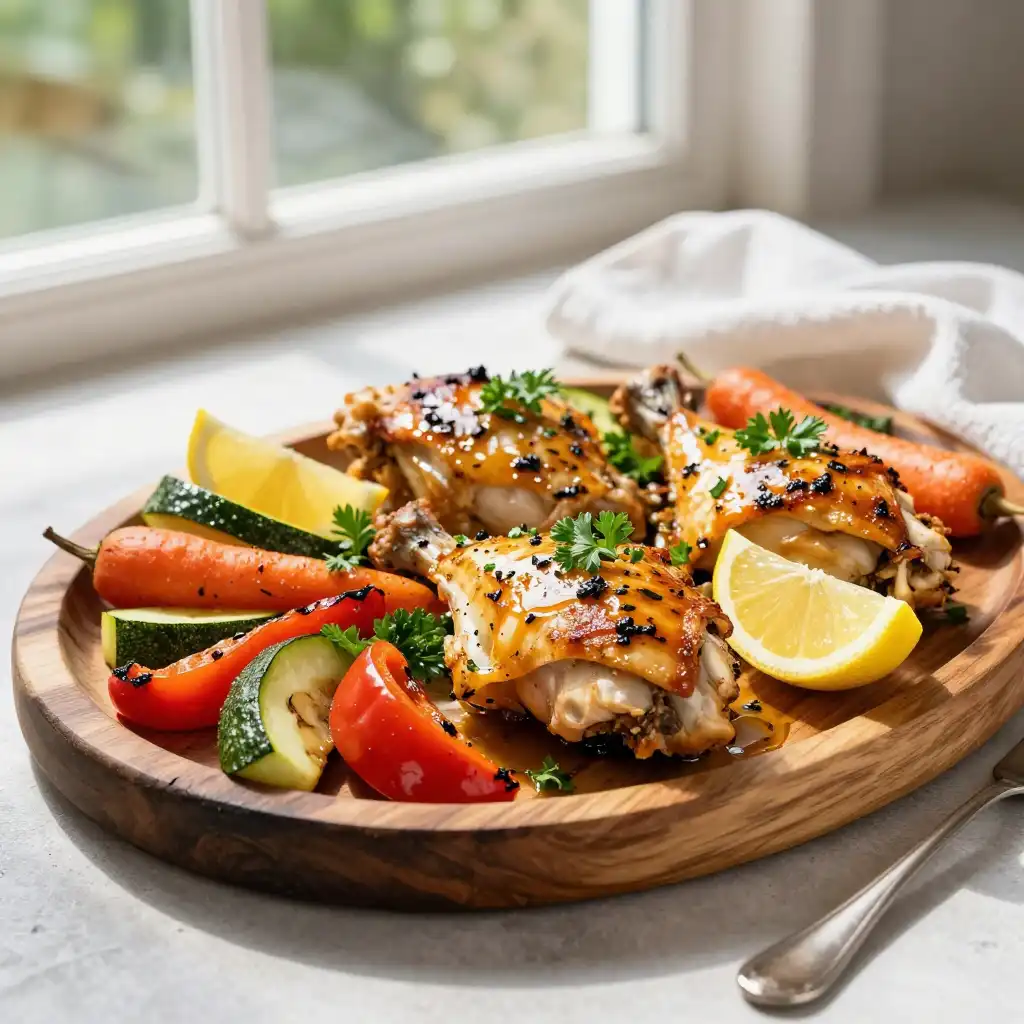 Easy Baked Lemon Herb Chicken Thighs with Roasted Vegetables plated dish