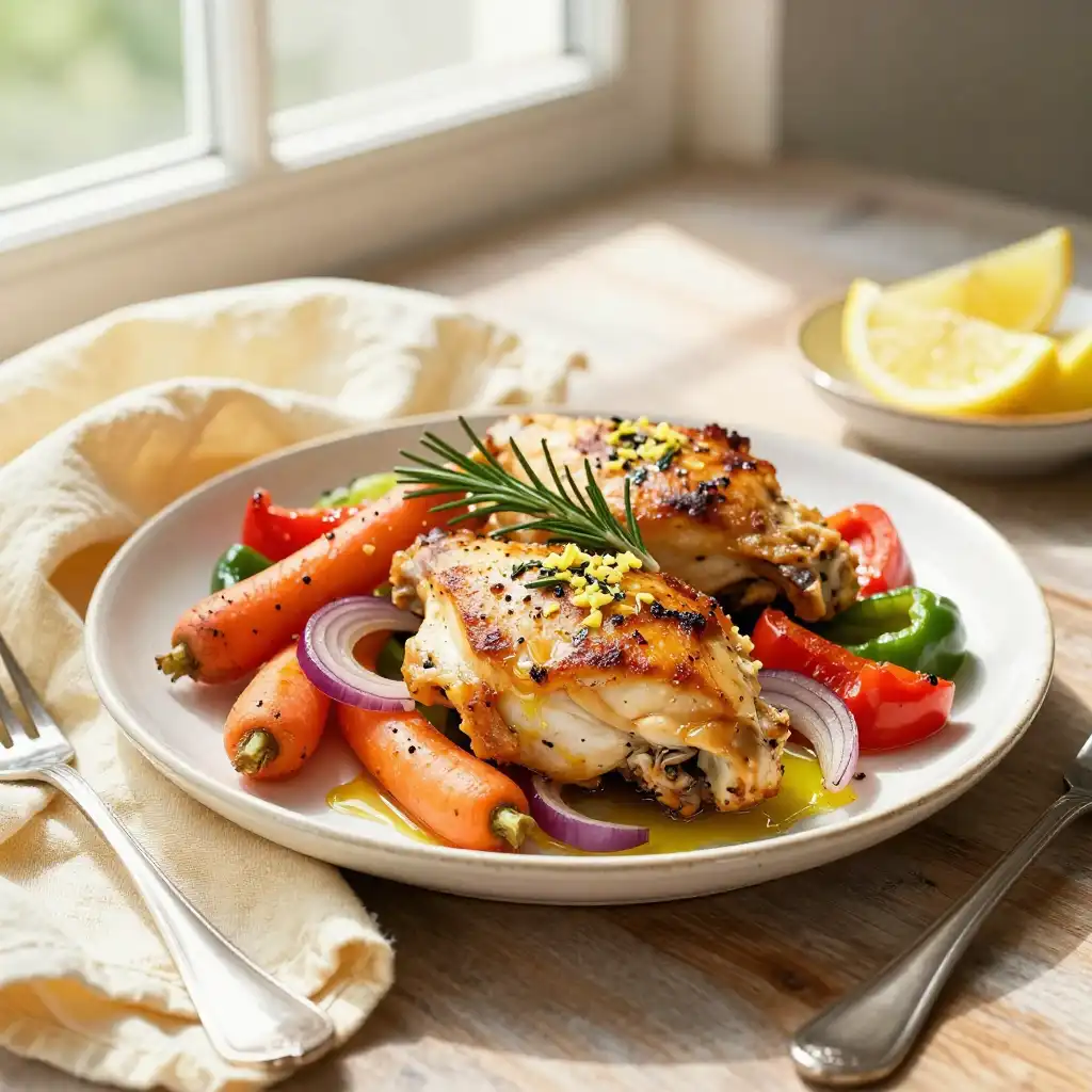 Easy Baked Lemon Herb Chicken Thighs with Roasted Vegetables plated dish