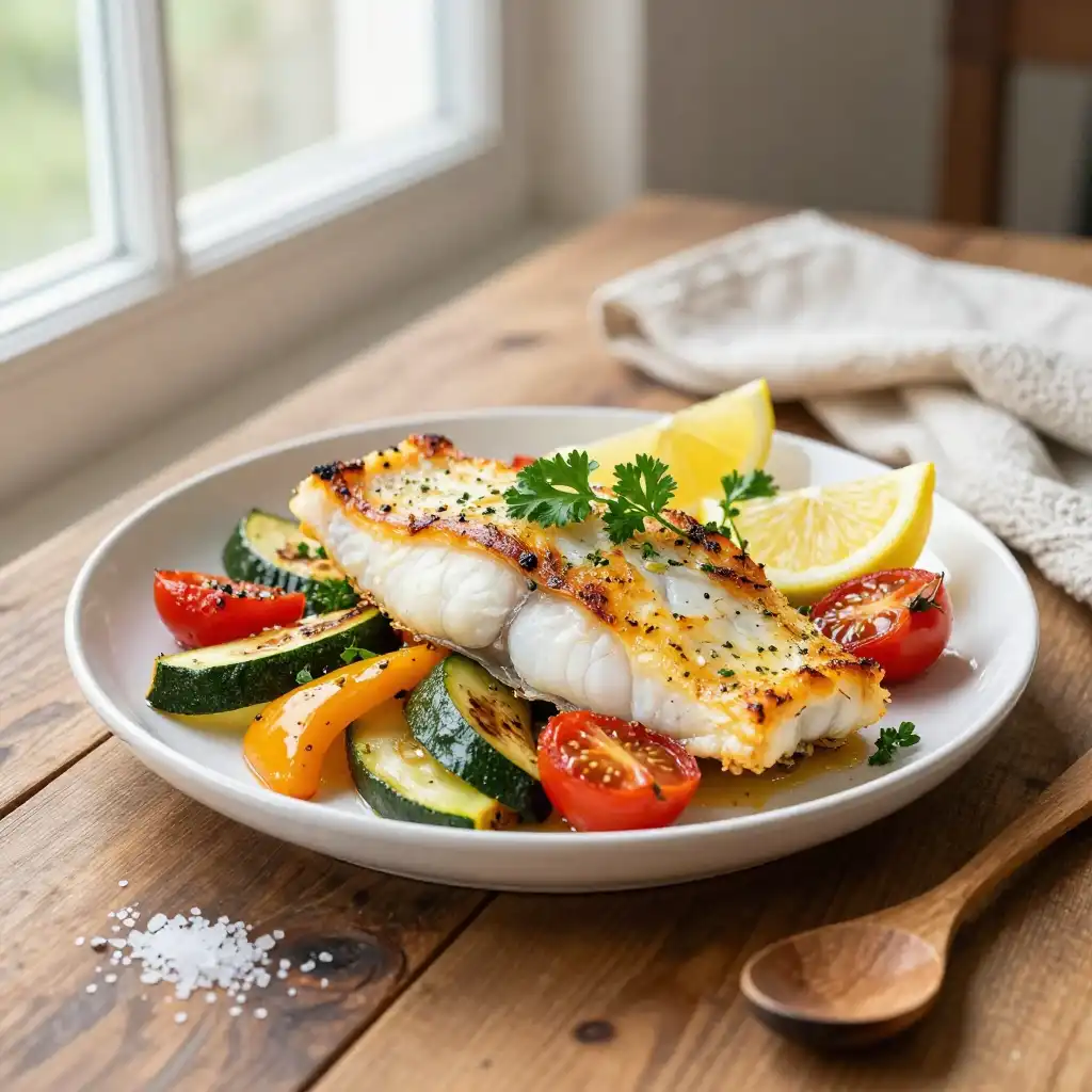 Easy Baked Lemon Herb Cod with Roasted Vegetables plated dish