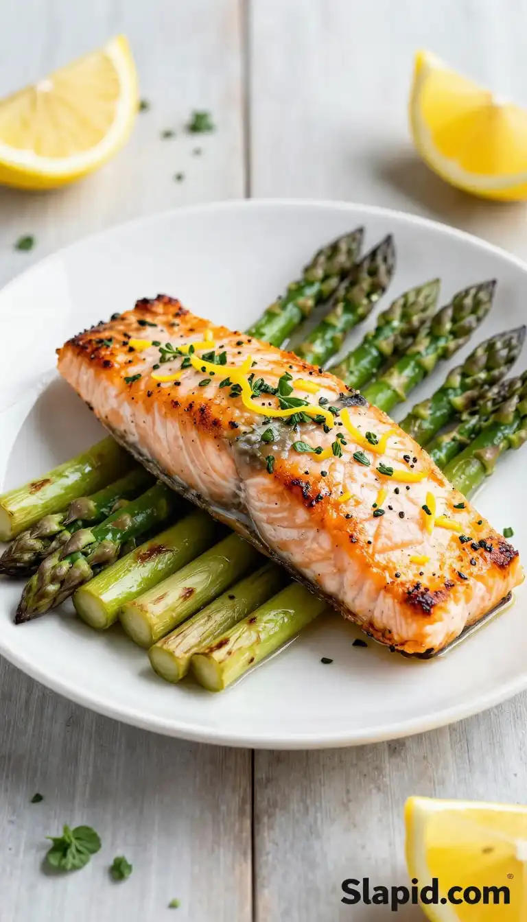 Easy Baked Lemon Herb Salmon with Roasted Asparagus - Seafood Recipe | Slapid