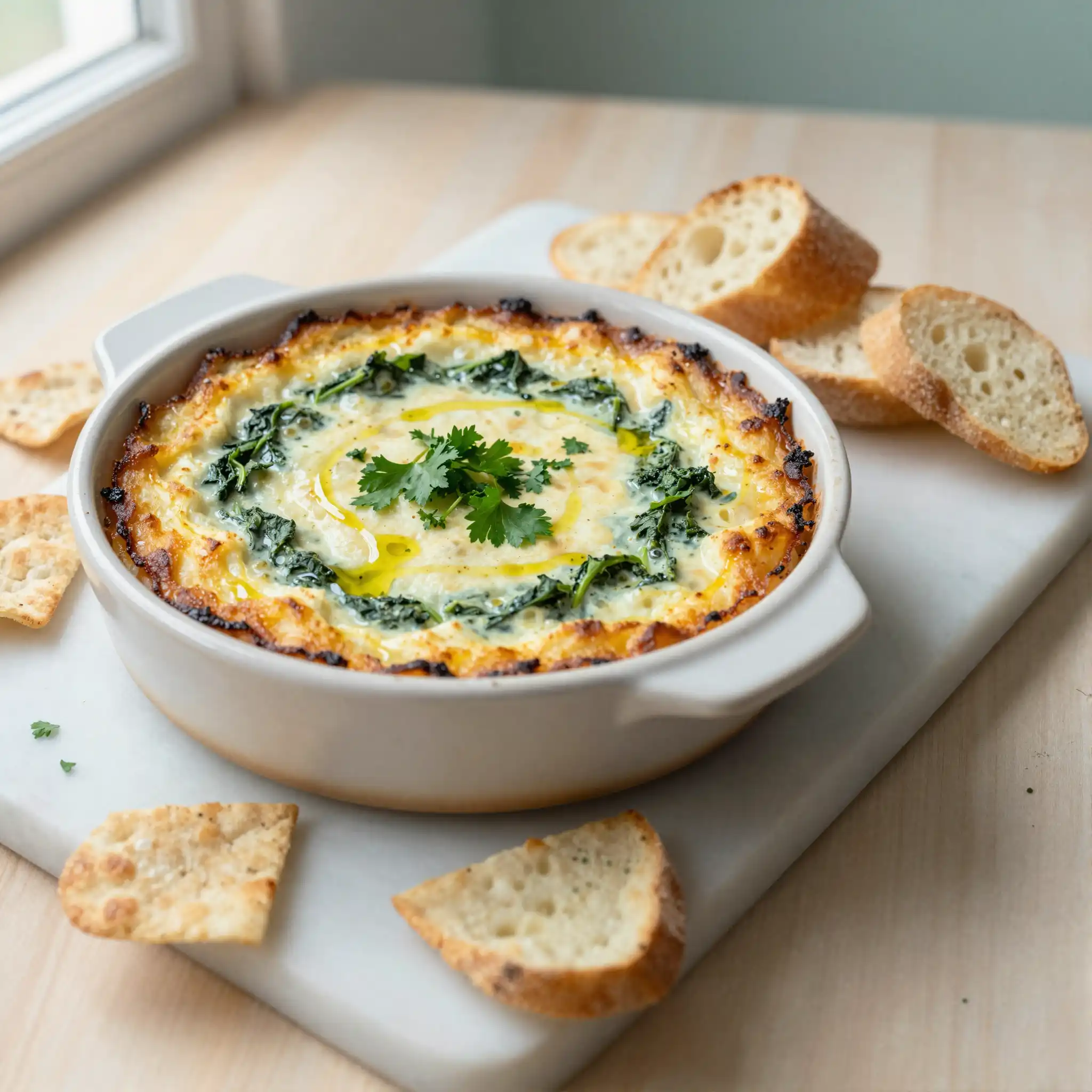 Easy Baked Spinach Artichoke Dip with Cream Cheese plated dish