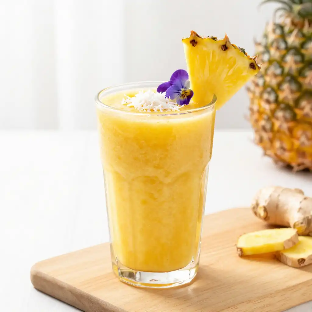 Easy Blended Pineapple Ginger Turmeric Smoothie plated dish