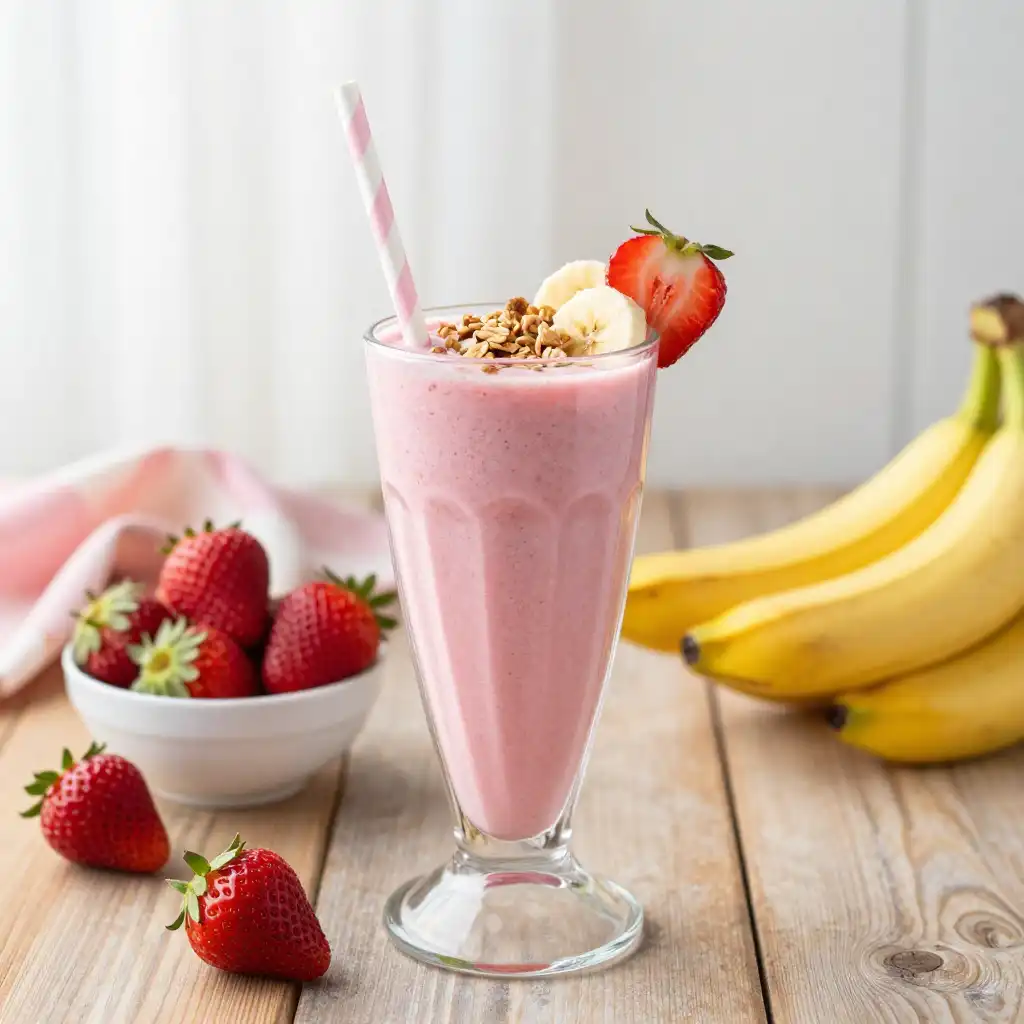 Easy Blended Strawberry Banana Smoothie with Almond Milk plated dish