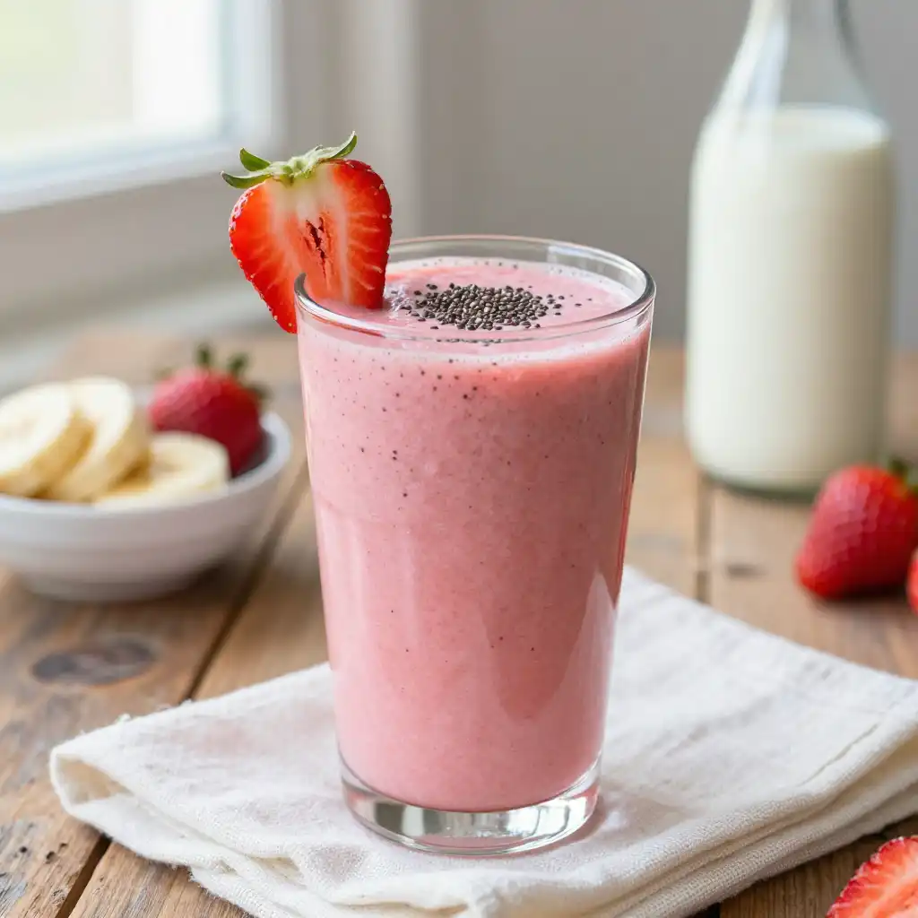 Easy Blended Strawberry Banana Smoothie with Almond Milk plated dish