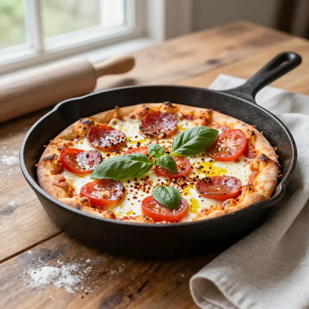 Easy Cast Iron Skillet Pizza with Homemade Crust plated dish