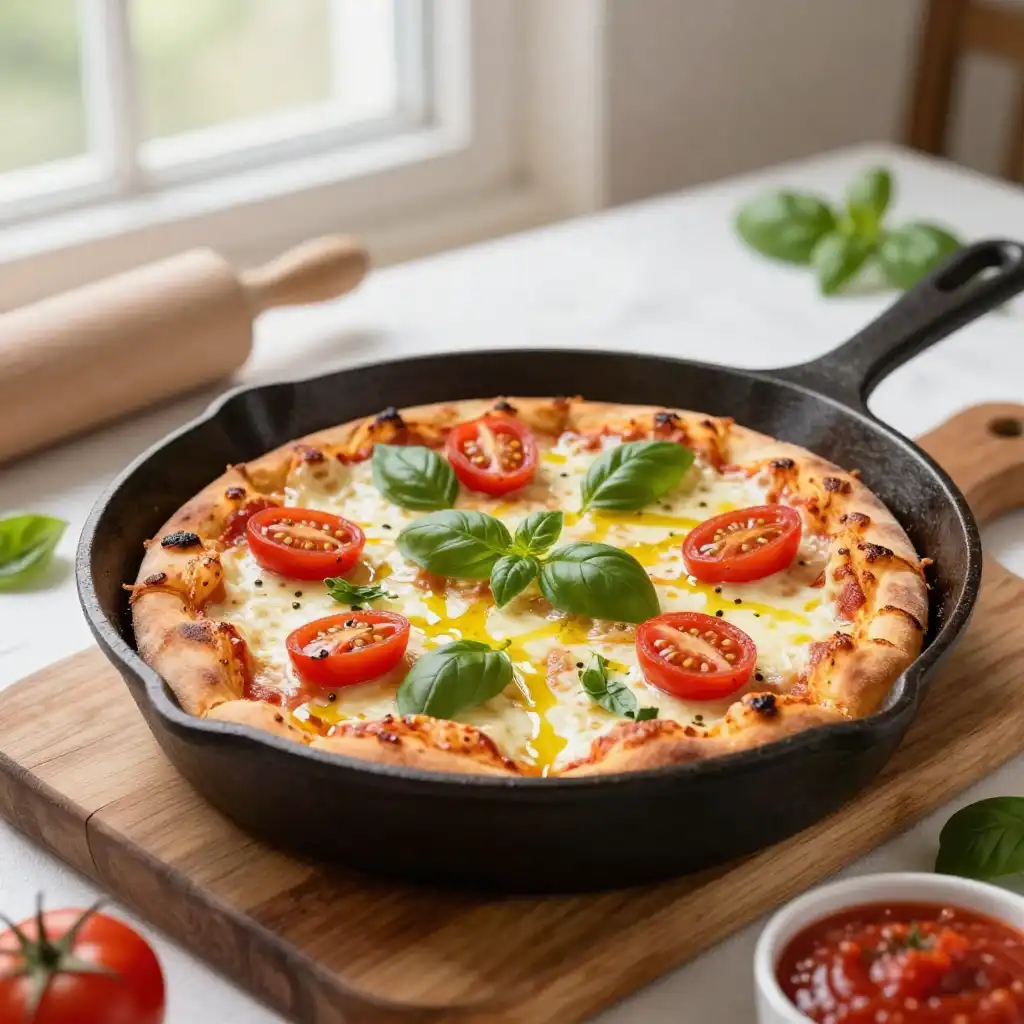 Easy Cast Iron Skillet Pizza with Homemade Sauce plated dish