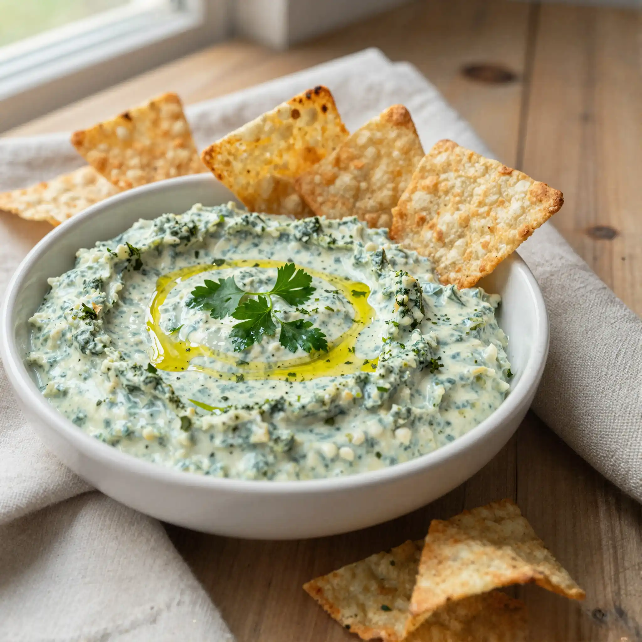 Easy Creamy Spinach Artichoke Dip with Greek Yogurt plated dish