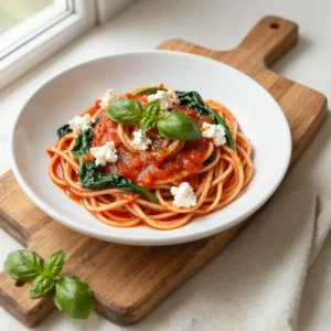 Step by step Easy Creamy Tomato Pasta with Spinach and Feta