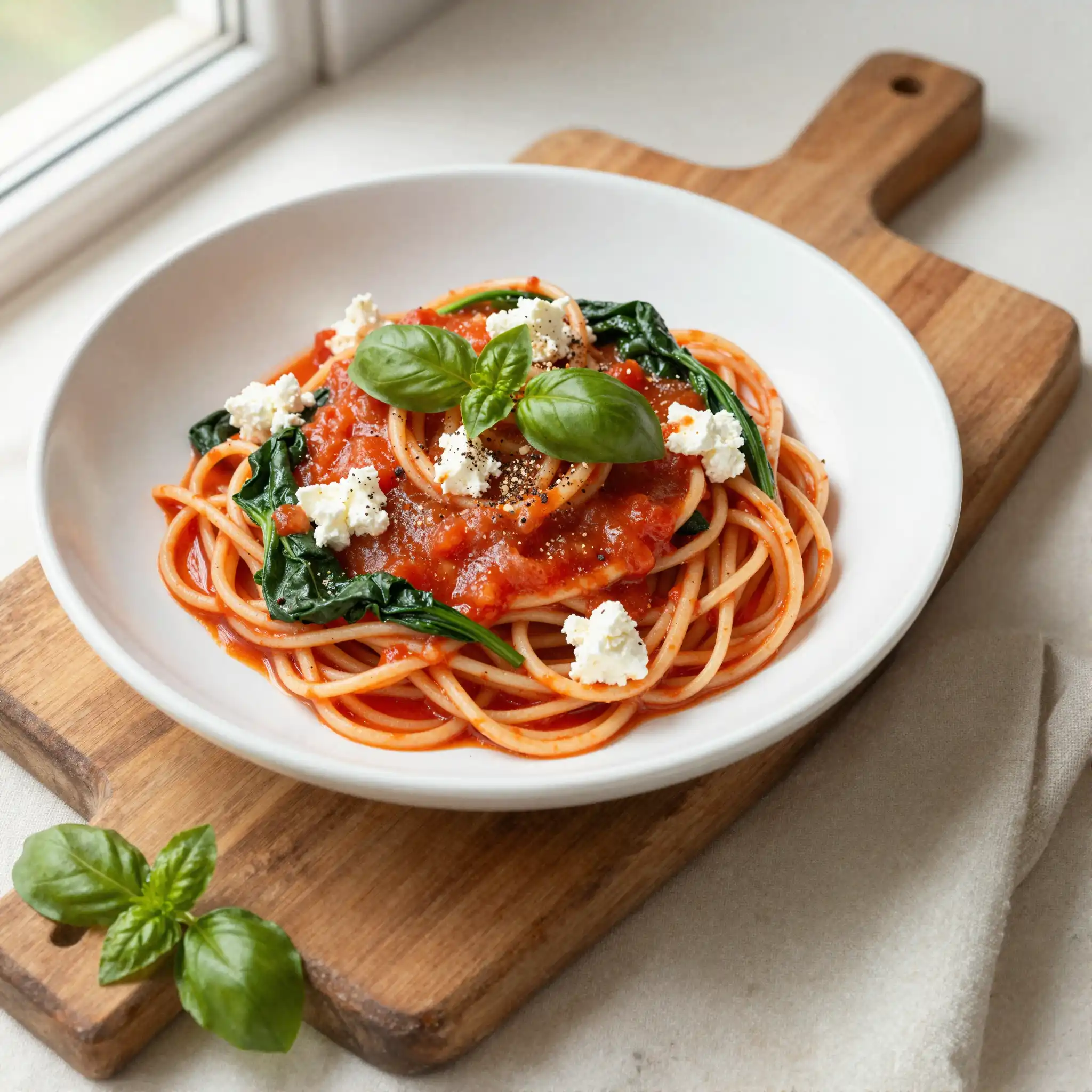 Easy Creamy Tomato Pasta with Spinach and Feta plated dish
