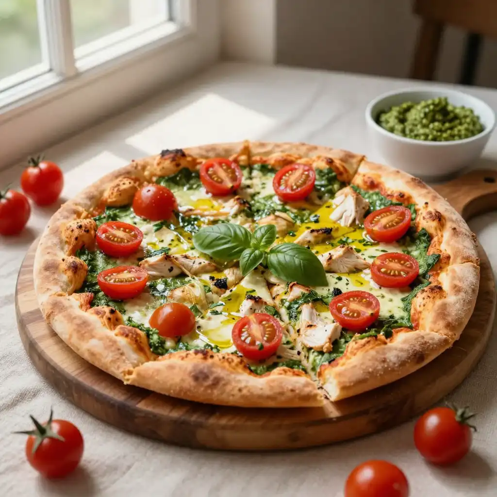 Easy Gluten-Free Chicken Pesto Pizza with Cherry Tomatoes plated dish