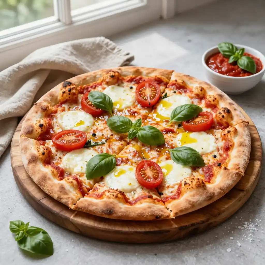 Easy Homemade Thin Crust Margherita Pizza Recipe plated dish