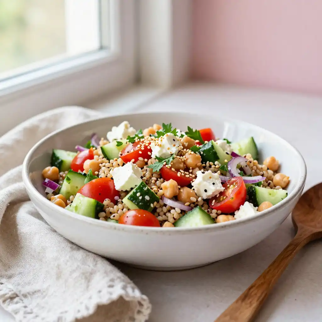 Easy Mediterranean Quinoa Salad with Feta and Chickpeas plated dish