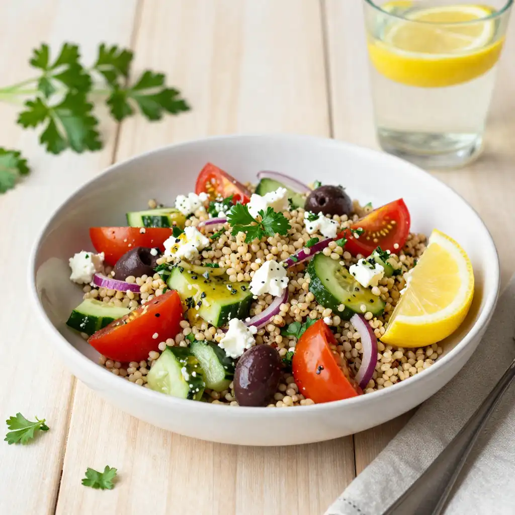 Easy Mediterranean Quinoa Salad with Lemon Herb Dressing plated dish
