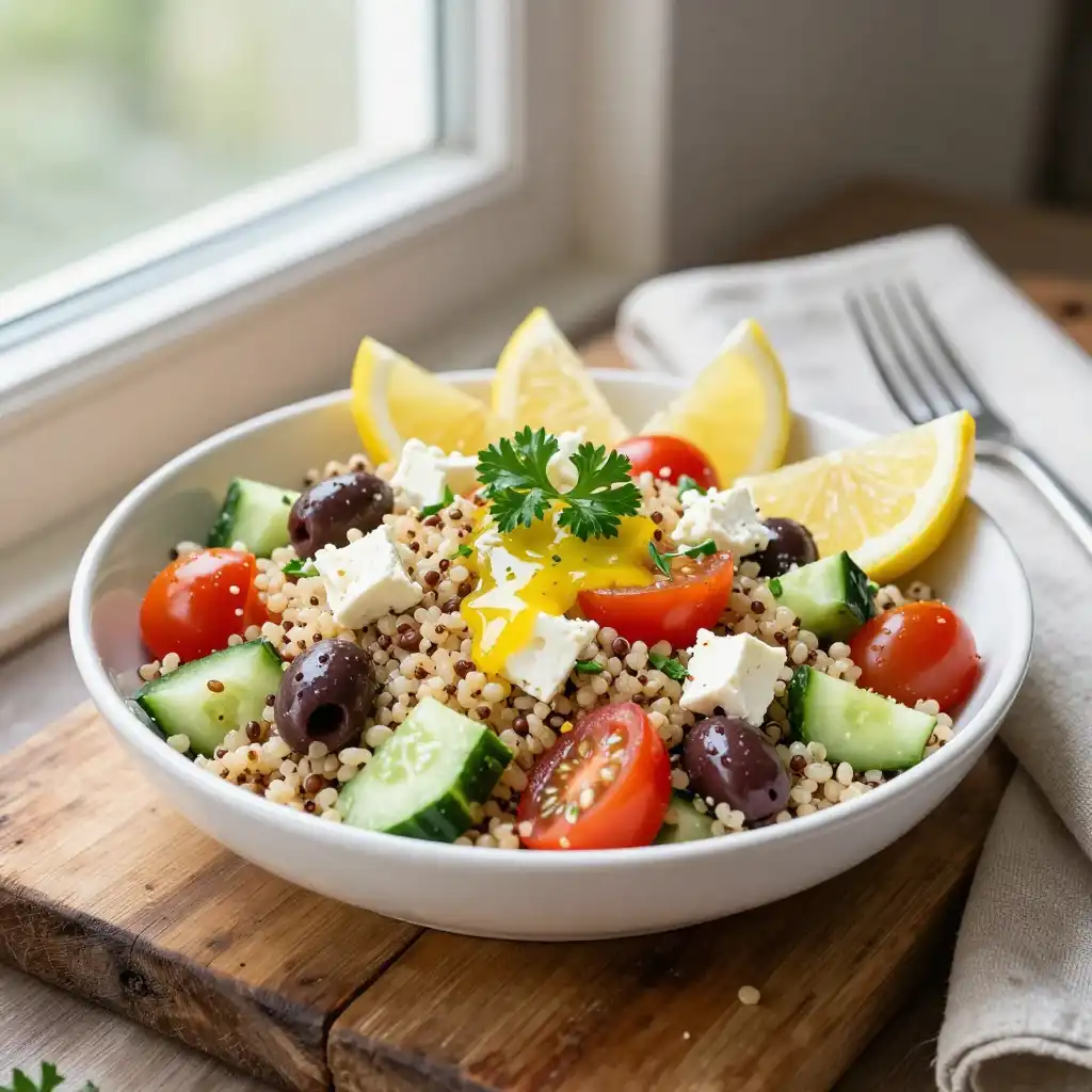 Easy Mediterranean Quinoa Salad with Lemon Vinaigrette Dressing plated dish