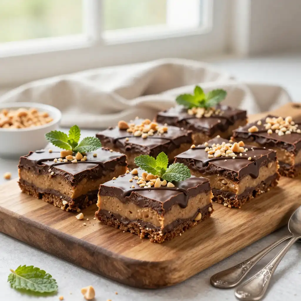 Easy No-Bake Chocolate Peanut Butter Dessert Bars plated dish