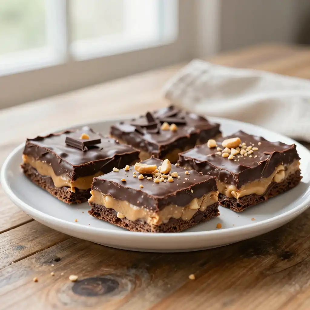 Easy No-Bake Peanut Butter Chocolate Bars plated dish