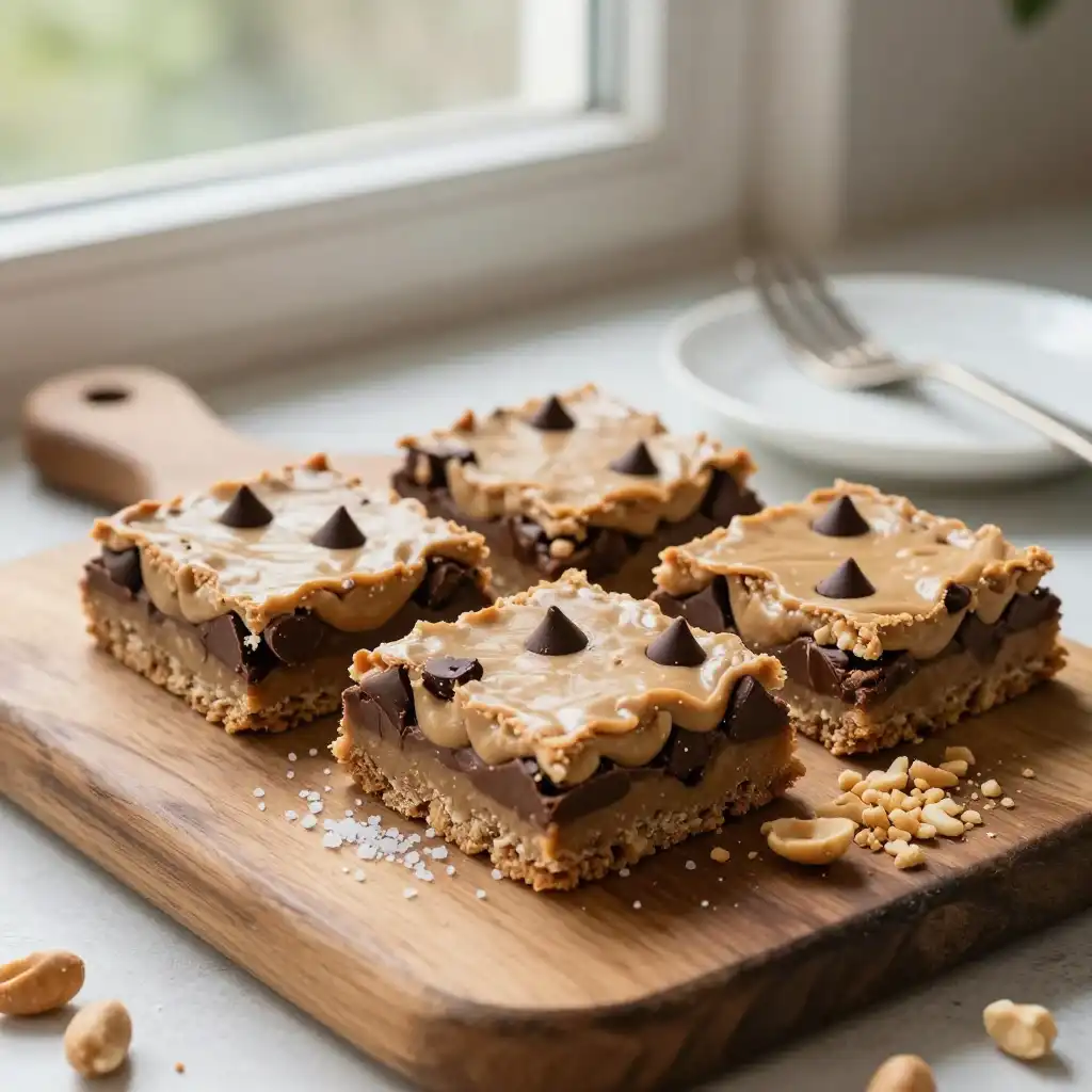 Easy No-Bake Peanut Butter Chocolate Chip Bars plated dish