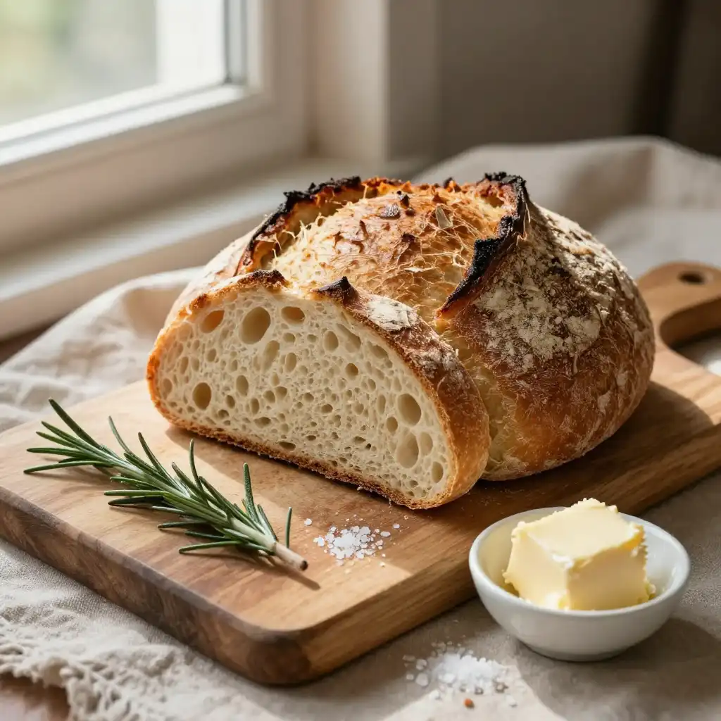 Easy No-Knead Artisan Dutch Oven Bread plated dish