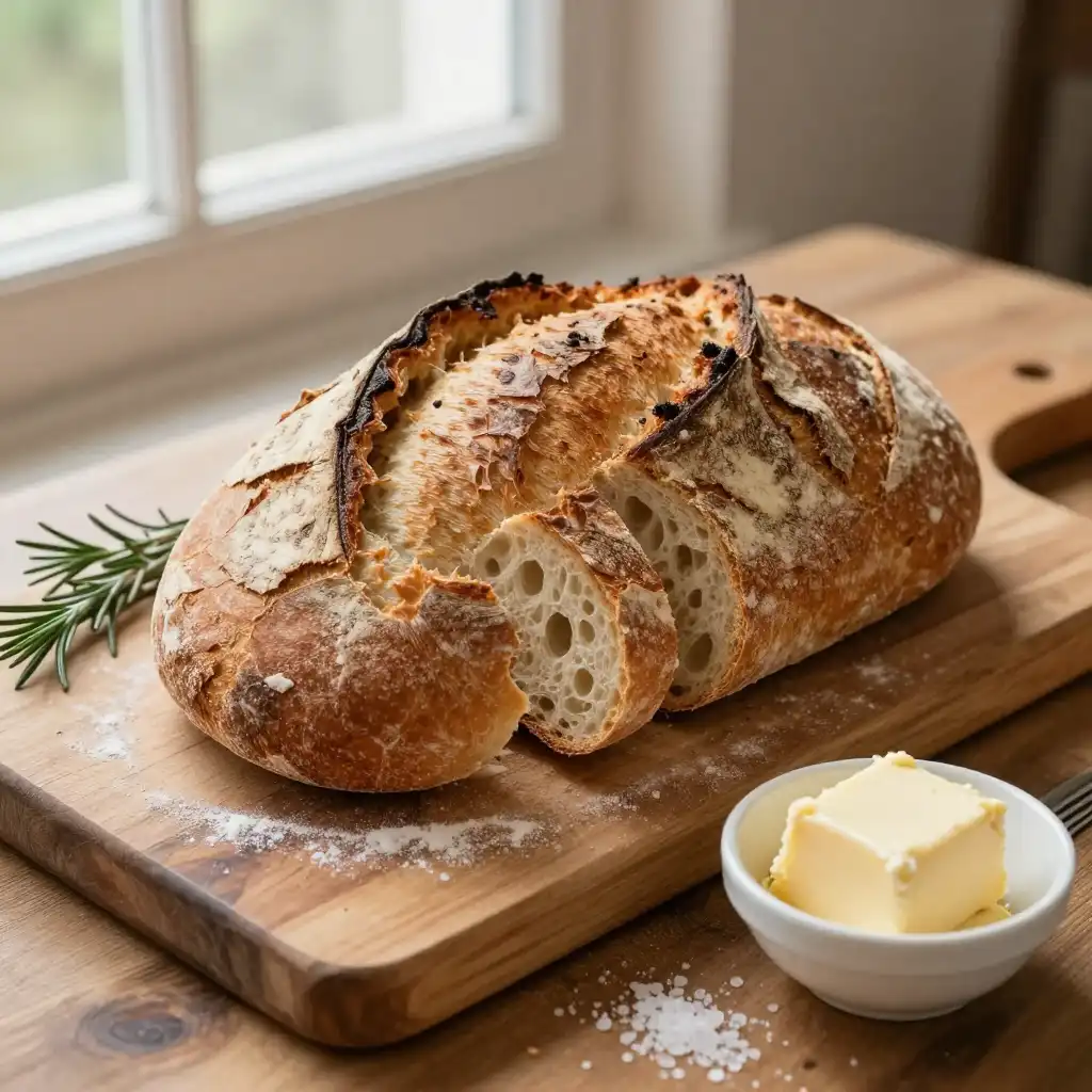 Easy No-Knead Artisan Dutch Oven Crusty Bread plated dish
