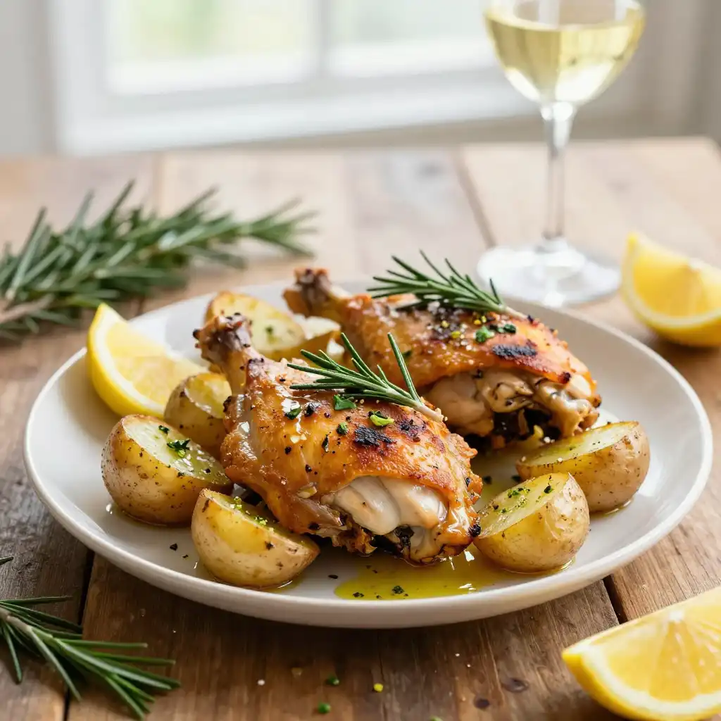 Easy One-Pan Lemon Herb Roasted Chicken Thighs and Potatoes plated dish