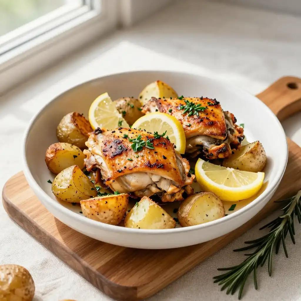 Easy One-Pan Lemon Herb Roasted Chicken Thighs and Potatoes plated dish