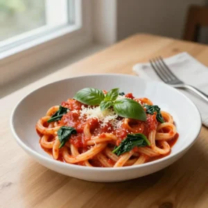 Step by step Easy One-Pot Creamy Tomato Pasta with Spinach