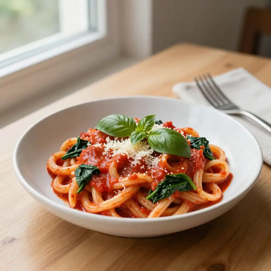 Easy One-Pot Creamy Tomato Pasta with Spinach plated dish