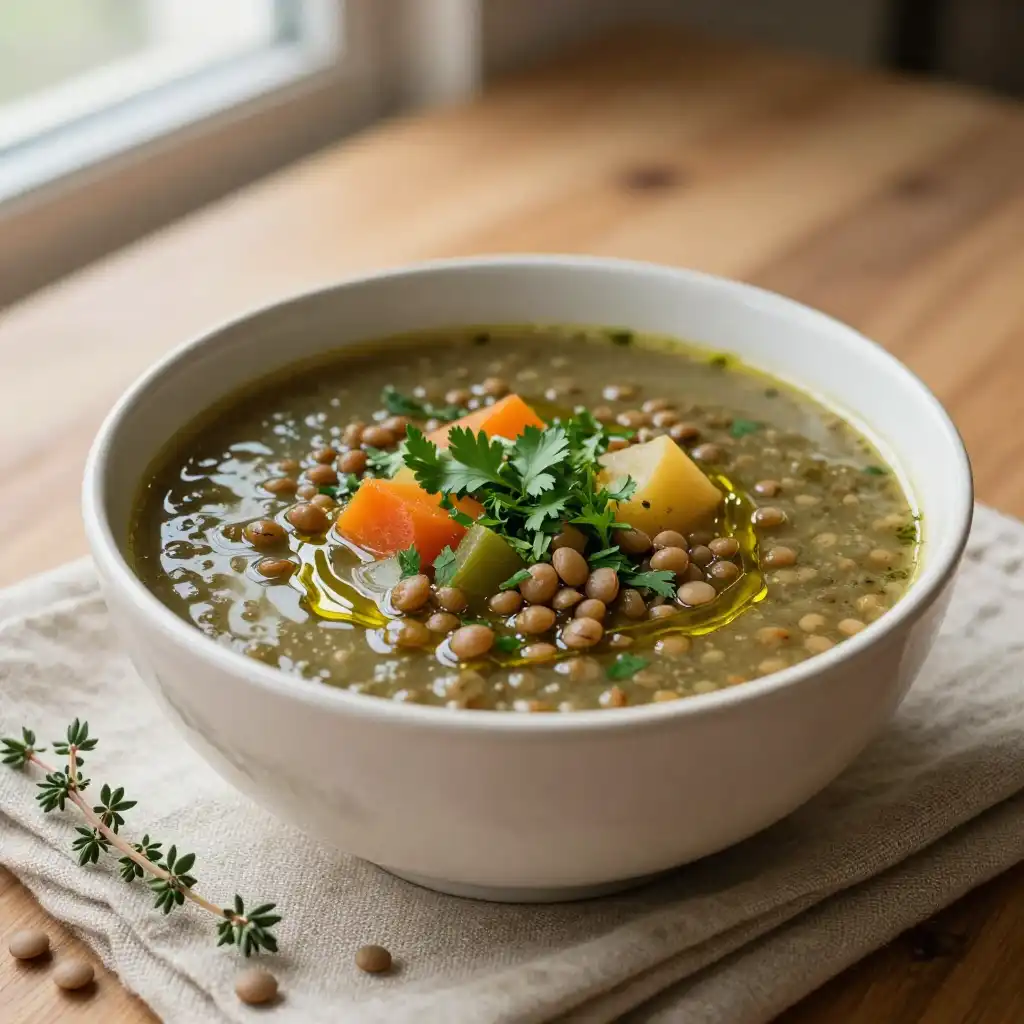 Easy One-Pot Lentil Soup with Vegetables and Herbs plated dish