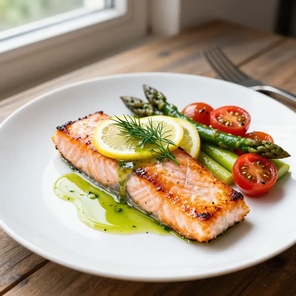 Easy Pan-Seared Salmon with Lemon-Dill Sauce plated dish