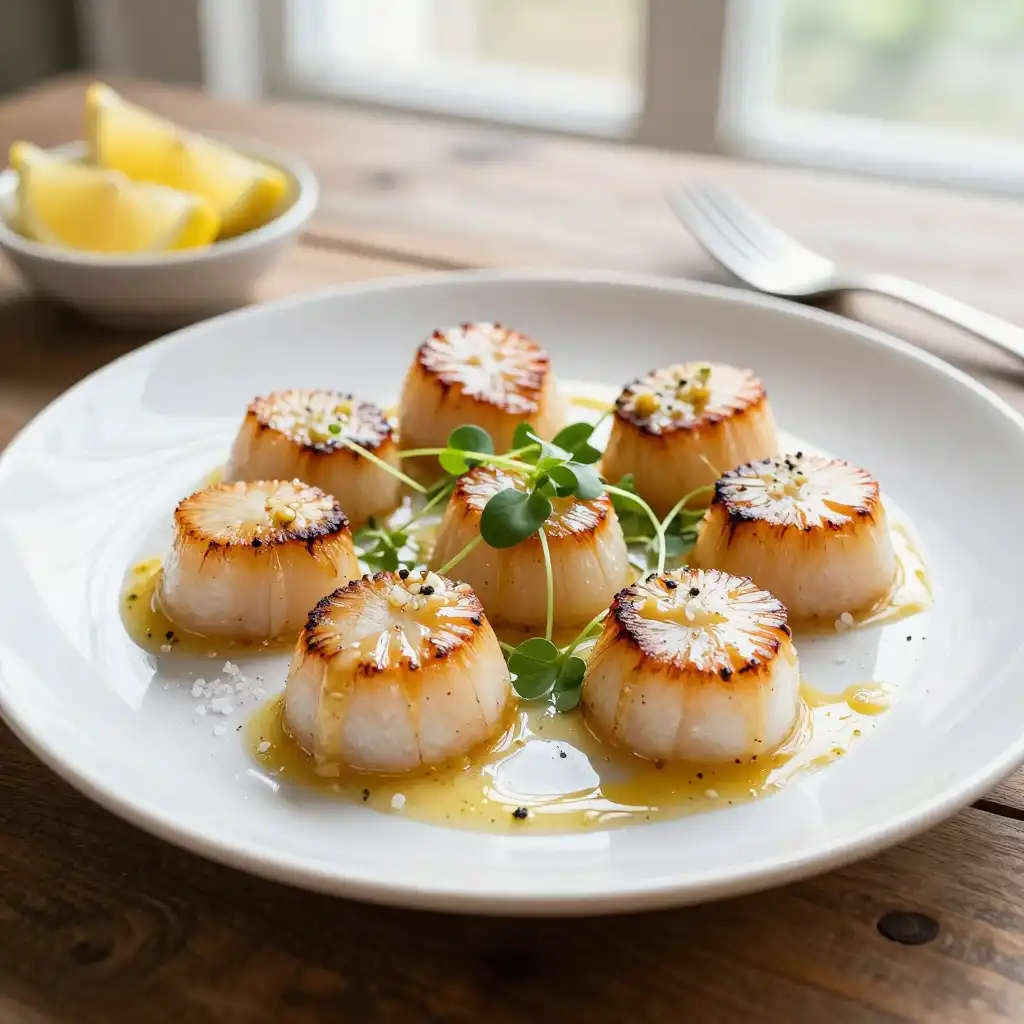 Easy Pan-Seared Scallops with Garlic Butter Sauce plated dish