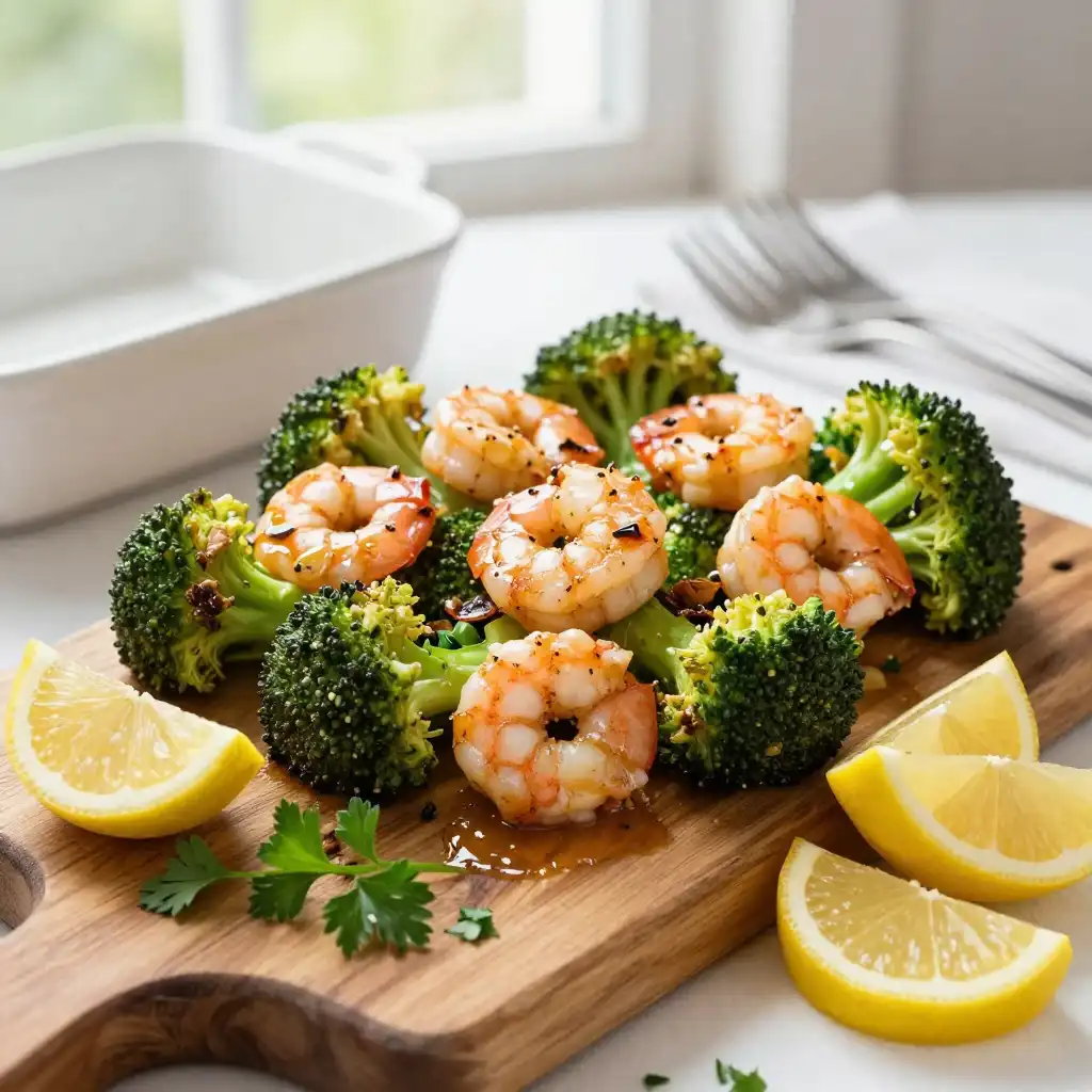 Easy Sheet Pan Lemon Garlic Shrimp and Broccoli Dinner plated dish