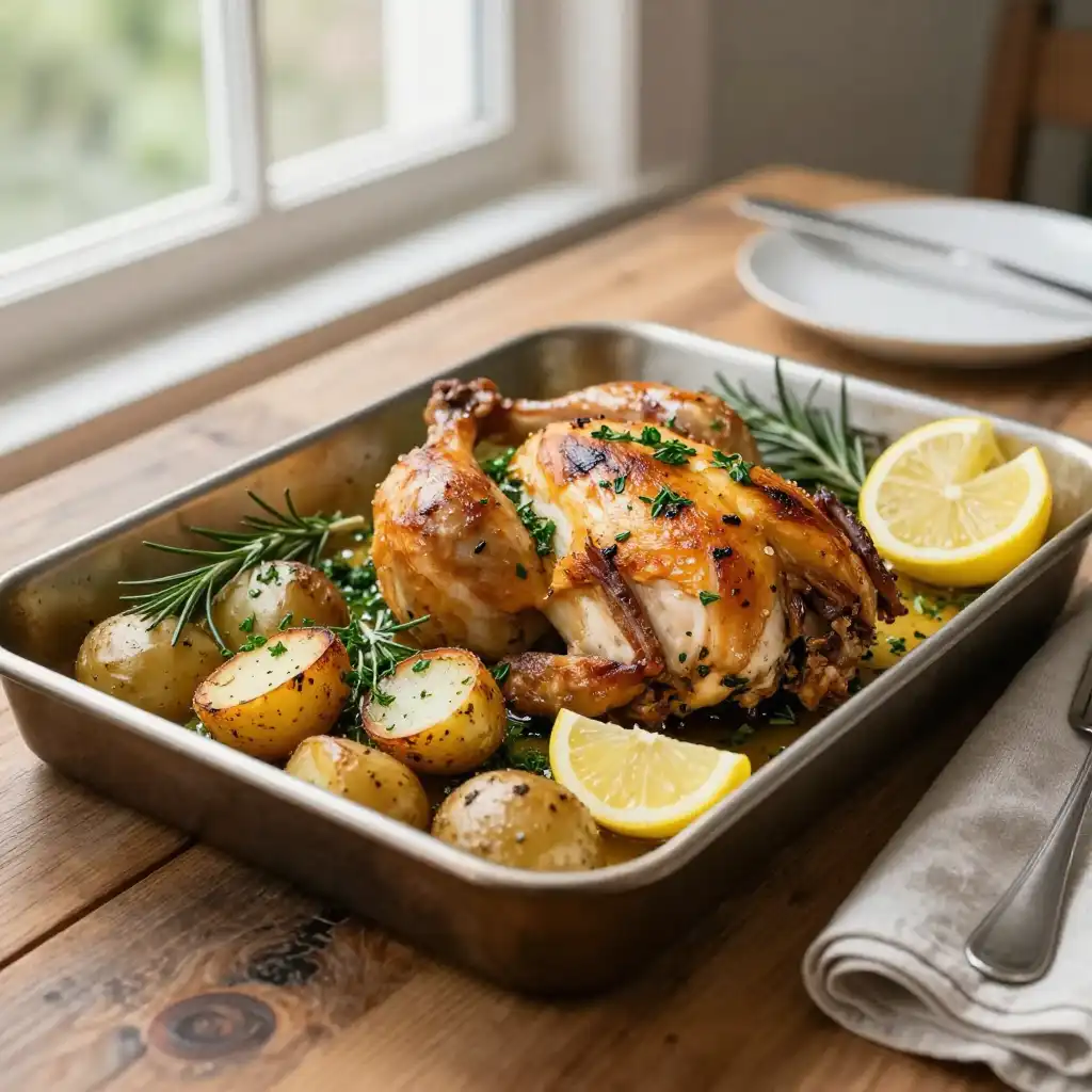 Easy Sheet Pan Lemon Herb Chicken and Potatoes plated dish