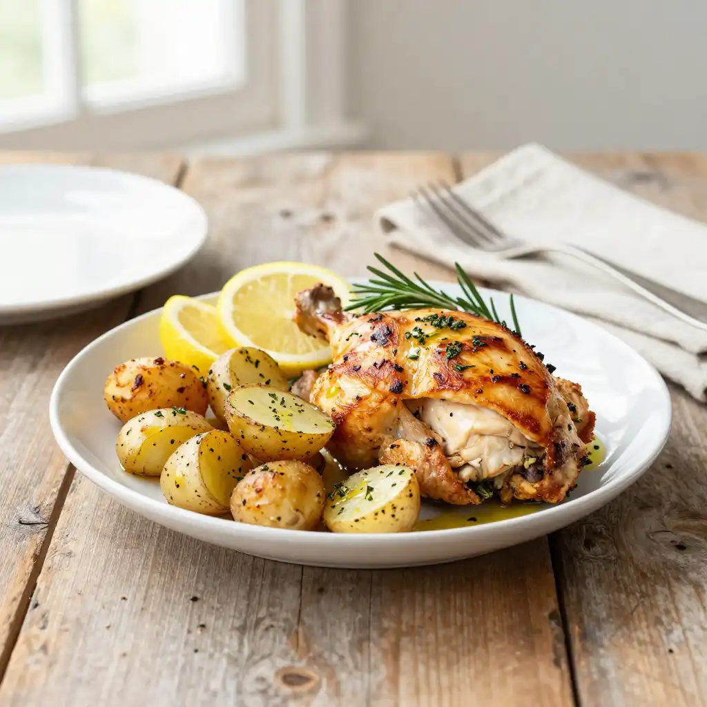 Easy Sheet Pan Lemon Herb Chicken and Potatoes plated dish