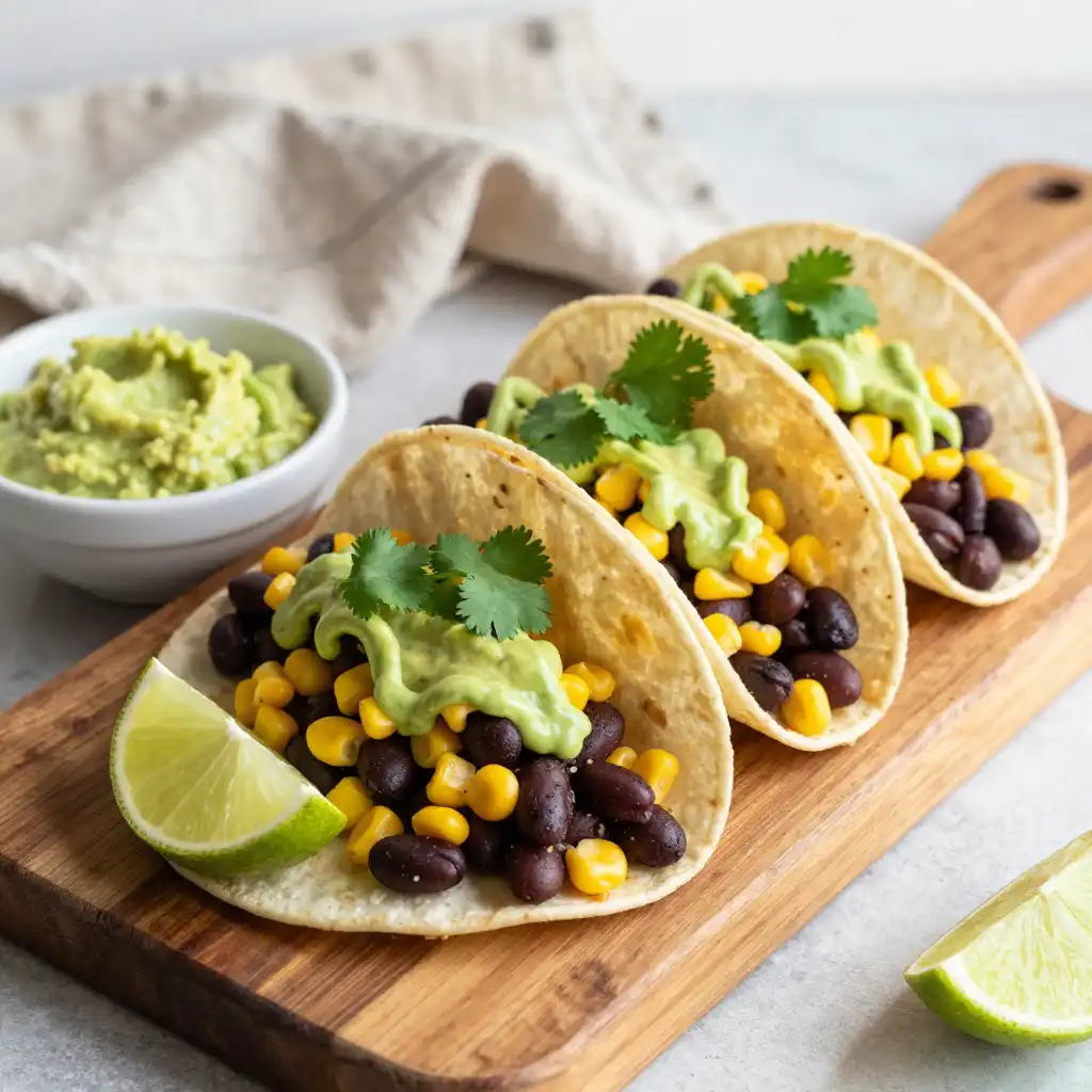 Easy Skillet Black Bean Corn Tacos with Avocado Crema plated dish