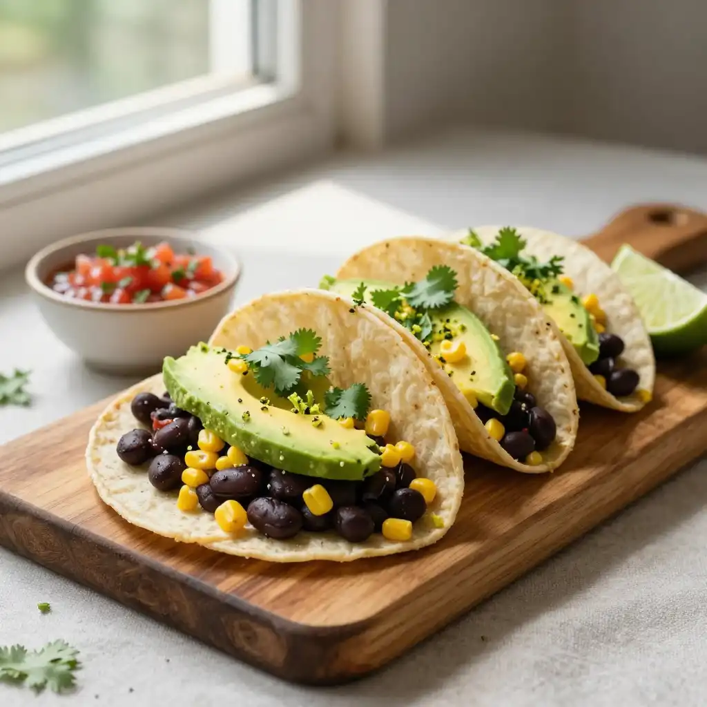 Easy Skillet Black Bean Corn Tacos with Avocado plated dish